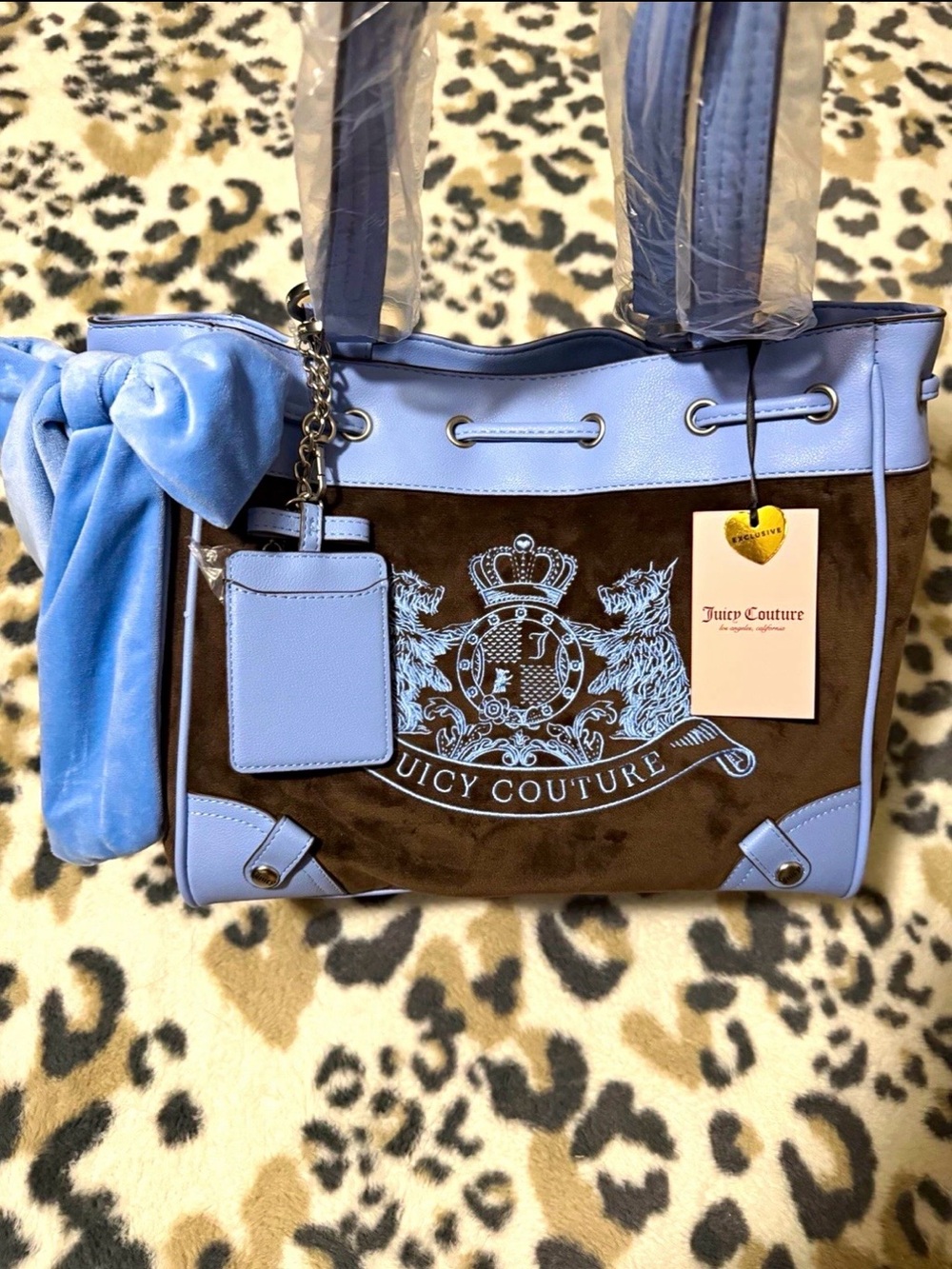 Juicy Couture Blue and Brown Velvet Logo Tote